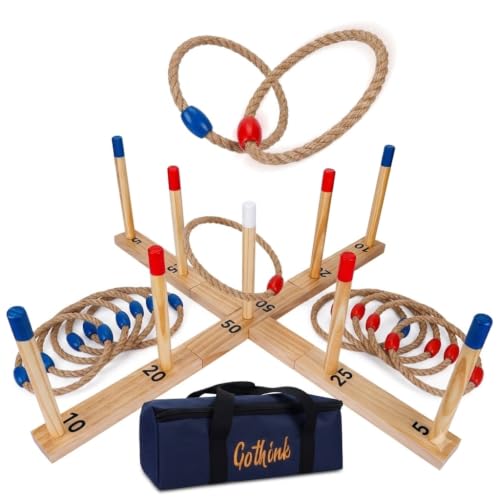 Gothink Extra Large Ring Toss Game for Adults & Kids, 30" Wooden Ring Toss Game Outdoor Fun with 9 Poles, 10 Rings and Carrying Bag Easy to Set Up & Compact Carry Portable Yard Games Toys Gifts