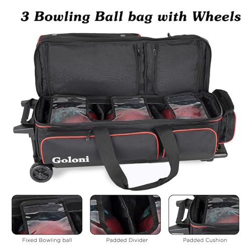 Goloni 3 Ball Bowling Bags with Wheels - Rolling Bowling Bag for 3 Balls & Accessories - Retractable Handle Extends to 38 - color: Red