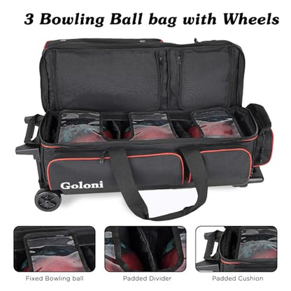 Goloni 3 Ball Bowling Bags with Wheels - Rolling Bowling Bag for 3 Balls & Accessories - Retractable Handle Extends to 38 - color: Red