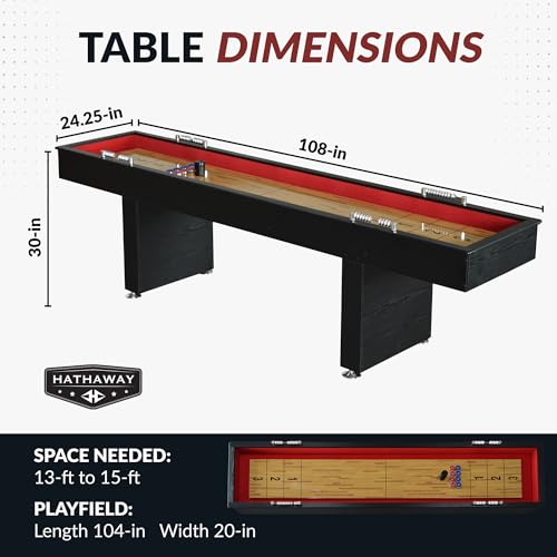 Hathaway Avenger 9 Ft Shuffleboard Table for Family Game Room – Poly-Coated Playfield, Built-in Scorer & Cabinet, Carpeted Gutters, 8 Pucks, Brush & Wax – Black Finish
