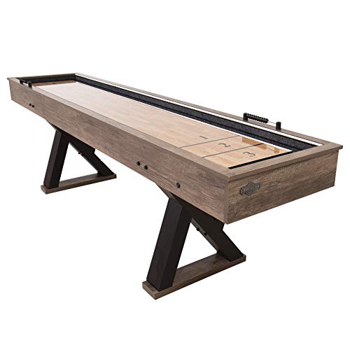 American Legend Kirkwood 9’ Shuffleboard Table with LED Rails, Bowling Game Set, Rustic Wood Finish & Accessories Included