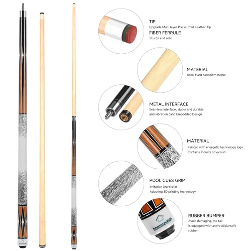 HomeSeason Pool Cue Stick 58" Billiard Cue Sticks 3D Printed Grip Professional Low Deflection Pool Sticks Maple Wood Pool Sticks 13mm Tip - color: 20oz
