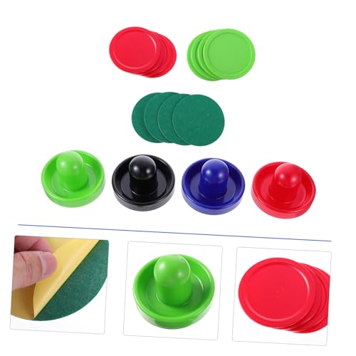 Generic Air Hockey Pucks and Pushers Plastic Replacement Accessories for Standard Table Hockey Game with Strikers in Blue Black Red and Light Green with Felt Pads and Large Red and Light
