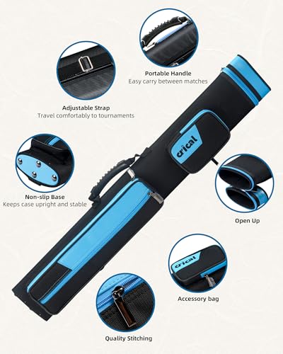 CRICAL Pool Cue Case 2x4 Hard Pool Stick Case Holds 2 Butts and 4 Shafts for Adults Billiard Cue Case with Soft Shoulder Straps - color: upgrade-blue