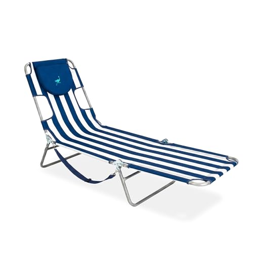 Ostrich Beach Lounge Chair, Folding & Reclining Outdoor Chaise Lounger, Blue/White Striped - Portable Adjustable Recliner Chair for Lawn, Pool, Patio, Garden, and Yard - color: Striped, style: Standard Chaise