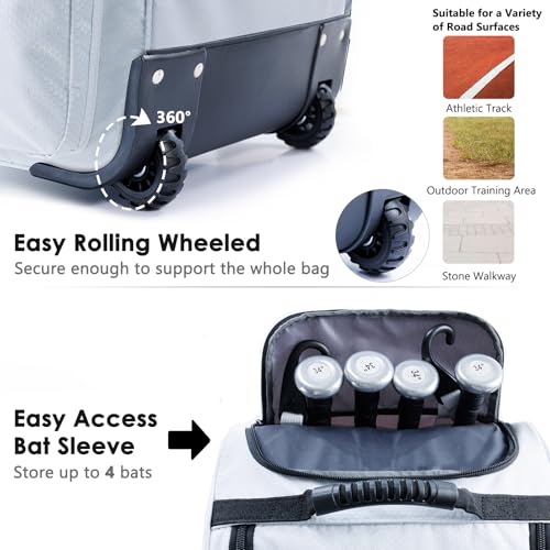 Rolling Baseball Bag With Wheels, Seperate Shoe Compartment and Fence Hook - Large Softball Bag for T-Ball - Team Equipment Duffle Bag - Catcher Gear Bag for Boys 8-12, Youth, Adults - color: White