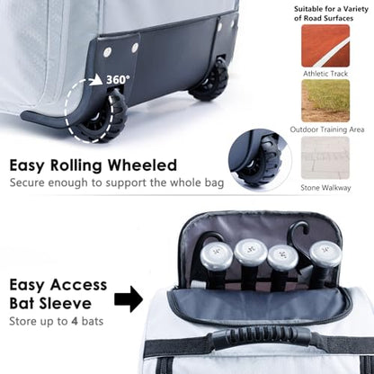 Rolling Baseball Bag With Wheels, Seperate Shoe Compartment and Fence Hook - Large Softball Bag for T-Ball - Team Equipment Duffle Bag - Catcher Gear Bag for Boys 8-12, Youth, Adults - color: White