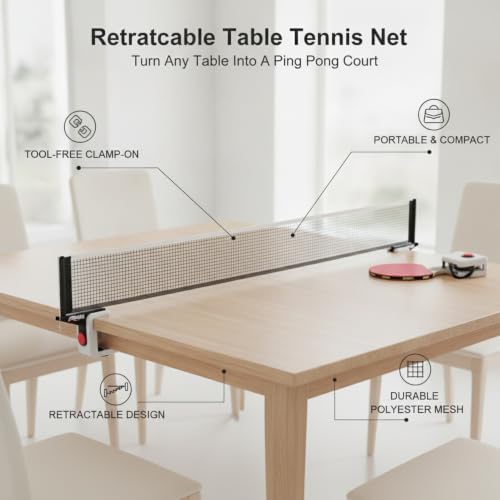 Retractable Table Tennis Net and Post Set, Clamp-On Portable Ping Pong Net for Dining Tables, Polyester Mesh