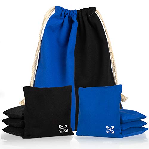 Professional Cornhole Bags - Set of 8 Regulation All Weather Double Sided - Sticky Side/Slick Side Bean Bags for Pro Corn Hole Game - color: Blue & Black