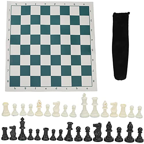Chess Checkers Set, 42x42cm Portable Travel Board Games Folding Rubber Chessboard 32 Chess Pieces Set with Storage Bag for Adults Competition