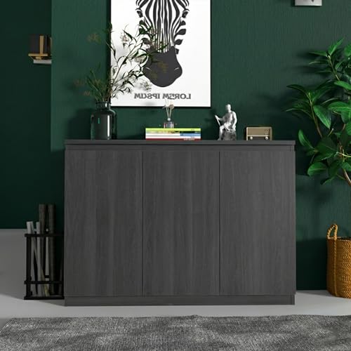 holzart 43" Dark Grey Buffet Cabinet Sideboard with Storage - Modern 3-Door Wood Grain Kitchen Cupboard & Coffee Bar Station for Dining Room, Living Room - Adjustable Shelf, 43.3" W x 31.5" H - color: Dark Grey