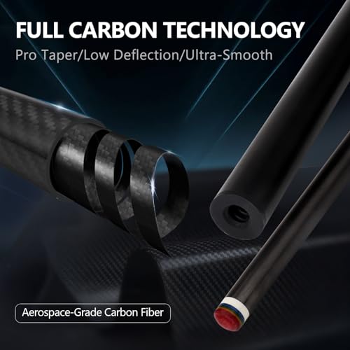 Carbon Fiber Pool Cue Stick, 12.4mm 8-Layer Tip Low Deflection Pool Cue Professional Pool Sticks for Adults with Pro Taper Cue Shaft 3/8 x 8 Joint Pin - color: Black with Extension