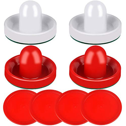 ONE250 Air Hockey Pushers and Red Air Hockey Pucks, Goal Handles Paddles Replacement Accessories for Game Tables (4 Striker, 4 Puck Pack) - color: White & Red