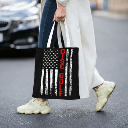 NIENIE American Flag Disc Golf Tote Bag for Women Shopping Bags Reusable Large Capacity Casual Shoulder Handbags DIY Gift Bags Cute Canvas Tote Bag