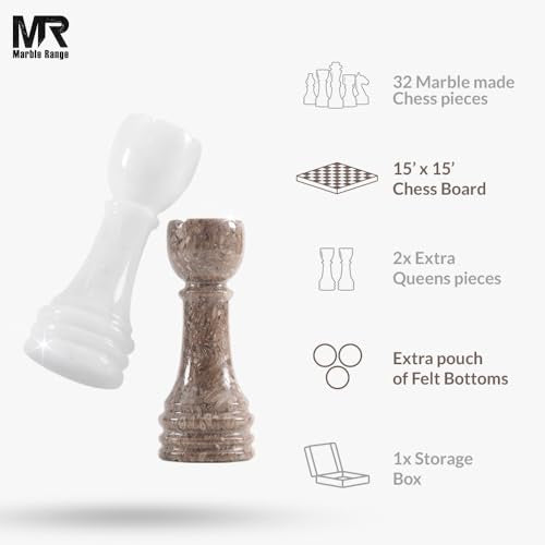 Marble Chess Set 15" Inches Oceanic and White with Storage Box and 2 Extra Queen Handmade Classic Board Games for Adults, Luxury Marble Chess Board & Chess Pieces for Gifts - color: Oceanic & White