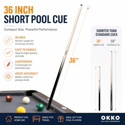 OKKO 1-Piece Pool Billiard House Bar Short Cue Sticks 36”, Screw-On Tip, Pack of 2