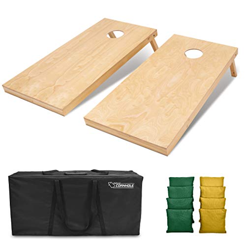 GoSports Regulation Size Wooden Cornhole Set with Natural Wood Finish - Includes Carrying Case - color: Dark Green & Gold