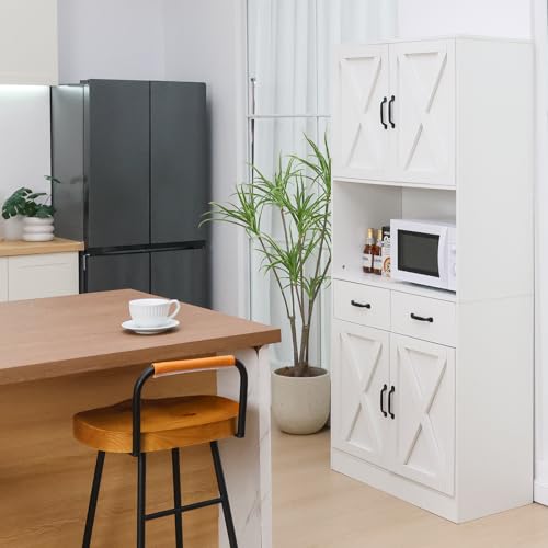 71" Tall Kitchen Pantry Cabinet，Farmhouse Storage Cabinet with Barn Doors and Adjustable Shelves, Heavy Duty White Microwave Cabinet with Drawers for Dining Room, Living Room - color: White, style: Pantry Cabinet