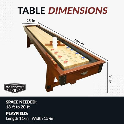 Hathaway Cheyenne 12 Ft Shuffleboard Table for Family Arcade Game Room - with Poly-Coated Playfield, Built-in Scorer & Cabinet, Climate Adjusters, Leg Levelers, 8 Pucks, Brush & Wax – Rustic Oak
