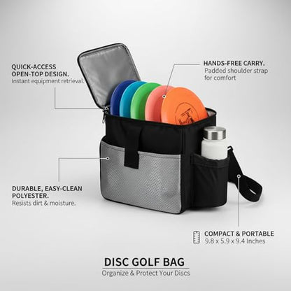 Disc Golf Bag with Shoulder Strap, Compact Polyester Carrier for Organizing Discs, Black Storage Case 9.8 x 5.9 x 9.4 Inches