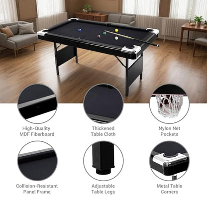 7 Foot Pool Table for Family, Foldable No Assembly Pool Table with Balls, Cues, Chalk, Rack & Brush, Portable Billiards Game Table for Apartment, Basement, Office & Game Room - size: Black-6FT