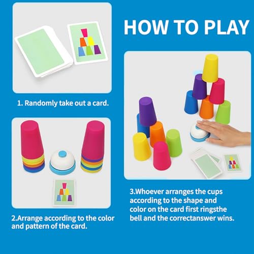 Cup Stacking Game Set with Cards and Bell, Quick Stack Speed Game + Building Blocks Puzzle 2-in-1, Family Party Game for Kids Ages 3-8, STEM Educational Toy 48 Pieces