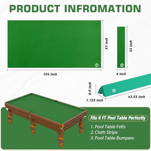 Pool Table Felt and Bumper Kit Felt for Billiard Cloth with Pool Table Bumpers and Cushions Facing, 6 Pcs Cloth Strips and Staple Remover - color: Green, size: 8FT + 42'' Bumpers