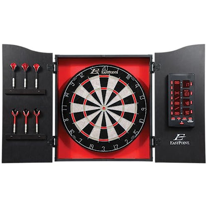 EastPoint Tournament Bristle Dartboard - 18-Inch, Red/Black - Self-Healing Sisal & Steel Tip Darts - Deluxe LED Scoring System for Electronic Dart Board - Easy-Mount Cabinet for Game Room Decor