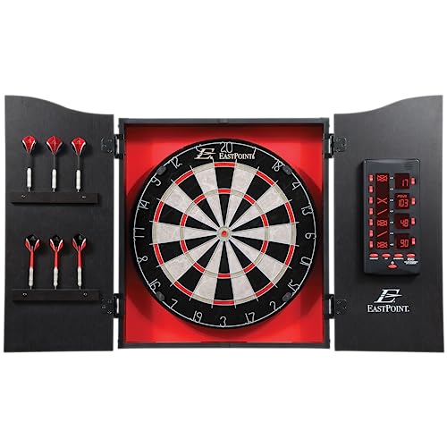 EastPoint Tournament Bristle Dartboard - 18-Inch, Red/Black - Self-Healing Sisal & Steel Tip Darts - Deluxe LED Scoring System for Electronic Dart Board - Easy-Mount Cabinet for Game Room Decor