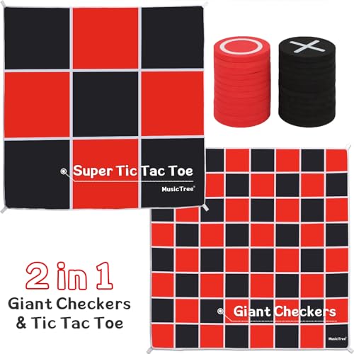 2 in 1 Giant Checkers & Large Tic Tac Toe Game Set (4.6ft x 4.6ft), Jumbo Checkers Outdoor Lawn Games with Chess Board Mat & 4 Ground Stakes, Giant Indoor Outdoor Games for Kids, Yard, Camping Party