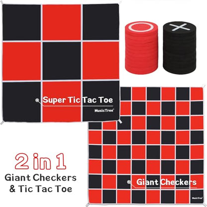 2 in 1 Giant Checkers & Large Tic Tac Toe Game Set (4.6ft x 4.6ft), Jumbo Checkers Outdoor Lawn Games with Chess Board Mat & 4 Ground Stakes, Giant Indoor Outdoor Games for Kids, Yard, Camping Party