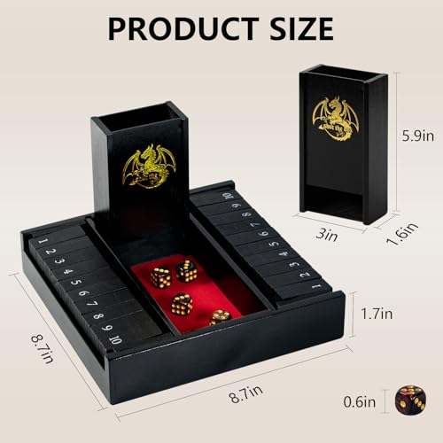 Shut the Box Dice Board Game Wooden for 2 Players,Close the Box Game with 4 Dice,Dice Tower and Manual, Classic Family Board Game for Game Night (2-Players)