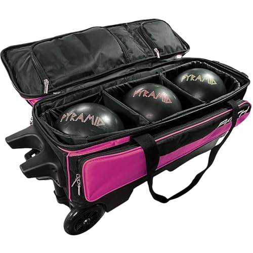 Pyramid Path Triple Premium Deluxe Roller Bowling Bag With Extra Large Separate Shoe Compartment (Up To US Mens Size 16) and 5 Accessory Pockets, 5" Wheels, Retractable Locking Handle - Extends to 42" - color: Black/Hot Pink