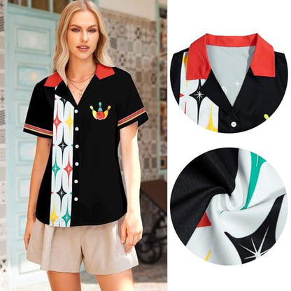 Bowling Shirts Women Hawaiian Bowling Shirt Bowling Lover Gift Tops Bowler Button Down Short Sleeve Tee - color: Black, size: Small