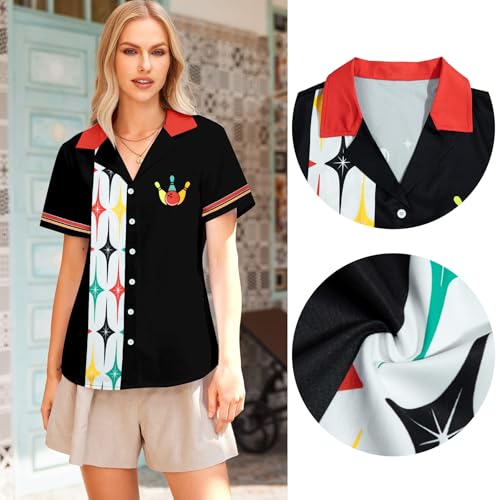 Bowling Shirts Women Hawaiian Bowling Shirt Bowling Lover Gift Tops Bowler Button Down Short Sleeve Tee - color: Black, size: XX-Large
