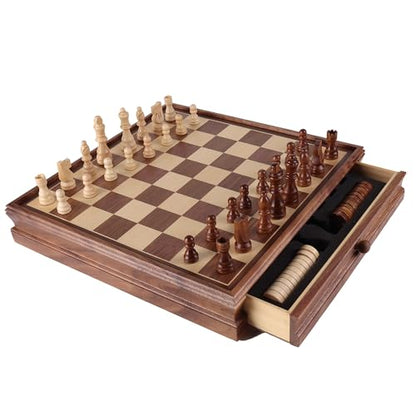 GSE Games & Sports Expert 15" Large Wooden 2-in-1 Chess & Checkers Board Game Combo Set with Drawer, Board Games Chess Checker Set for Kids & Adults