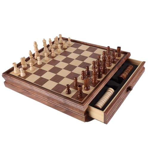 GSE Games & Sports Expert 15" Large Wooden 2-in-1 Chess & Checkers Board Game Combo Set with Drawer, Board Games Chess Checker Set for Kids & Adults