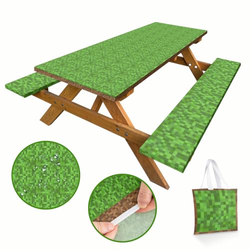 Pixel Grass Picnic Table Cover with Bench Covers and Carrying Bag, Gamer Pixel Miner Rectangle Table Cover, Outdoor Patio Camping Essentials 6FT 4PCS, Camping Fitted Tablecloth