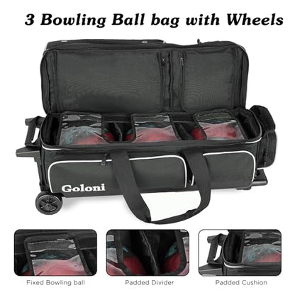 Goloni 3 Ball Bowling Bags with Wheels - Rolling Bowling Bag for 3 Balls & Accessories - Retractable Handle Extends to 38 - color: White