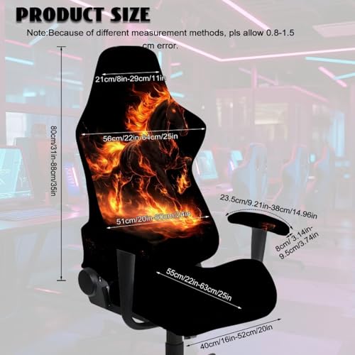 4Pcs Elastic Gaming Chair Slip Cover Set Fire Horse Print Game Chair Cover with Armrest Covers Skin Friendly Breathable, Machine Washable - color: Black and Orange - Fire Horse