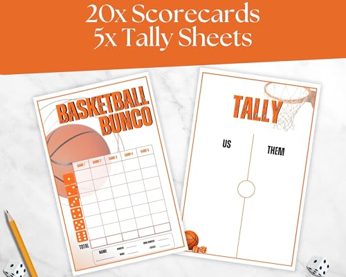 Basketball Bunco Game Set – Sports Theme with Scorecards, Tally Sheets, Table Cards & Ghost Player – Fun Dice Game Kit for Adults, Christmas Parties & Girls Night