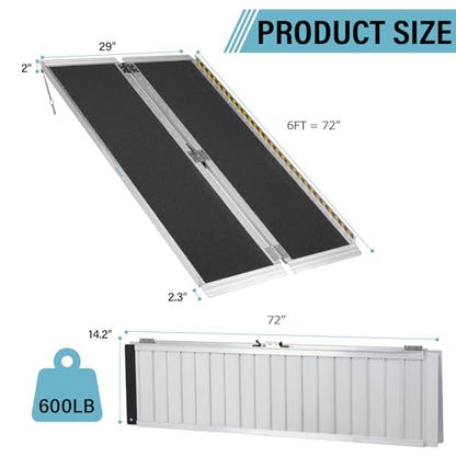 6FT Aluminum Folding Wheelchair Ramp, 28in Wide | Portable Non-Skid Handicap Threshold Wheel Chair Ramp for Home Steps, Stairs, Entry, Threshold, Doorways, 600LBS Capacity - size: 6FT-bi-fold-black