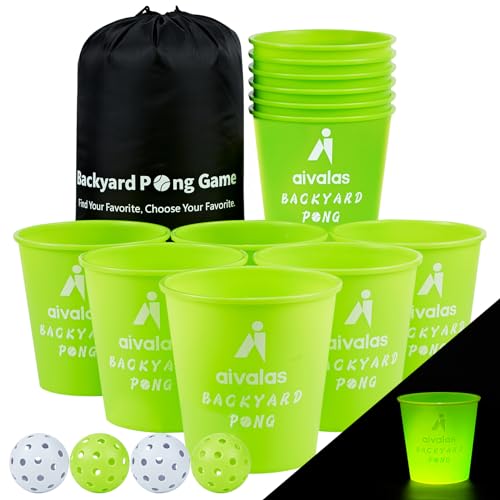 Aivalas Yard Pong Outdoor Games Glow Set in Dark, Giant Yard Pong Game for Adults and Family with 12 Buckets, 4 Balls and a Carrying Bag, Giant Pong for Beach, Camping, Lawn and Backyard - color: Green Glow in Dark