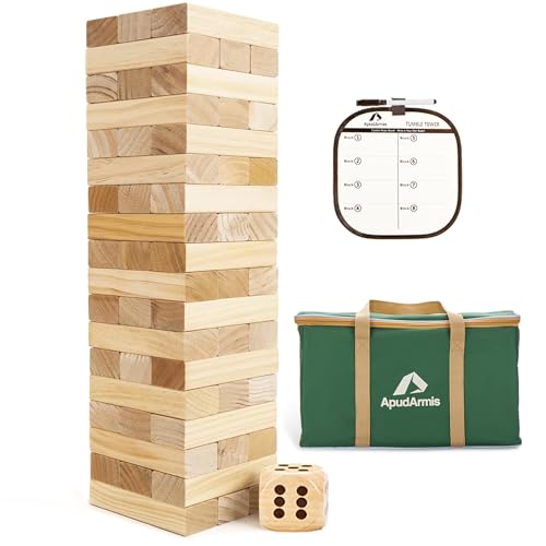 ApudArmis Giant Tumble Tower (Stack from 2Ft to Over 4.2Ft), 54 PCS Pine Wooden Stacking Timber Game with 1 Dice Set - Classic Block Giant Outdoor Game for Teens Adults Family - color: Burlywood, size: L-4.2FT