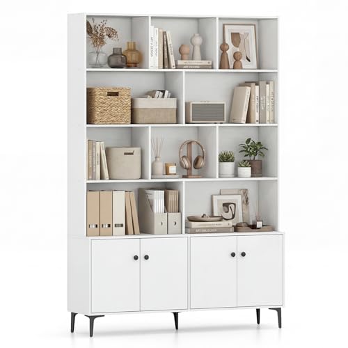 Giantex 68.5" Tall Bookcases and Bookshelves with 4 Doors, Floor Standing 5 Tier Bookshelf Display Shelves, Bookcase with Storage Cabinet, Decor Furniture for Home Office,Living Room, White - color: White, size: 47" x 12" x 68.5"