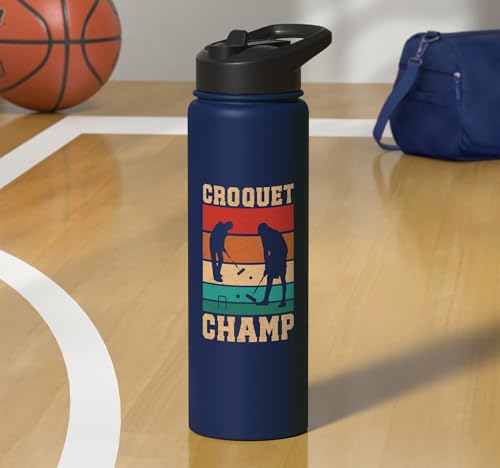 Croquet Champ Retro Funny Lawn Game Player Quote Stainless Steel Insulated Water Bottle - color: Navy Blue
