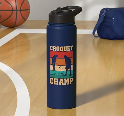 Croquet Champ Retro Funny Lawn Game Player Quote Stainless Steel Insulated Water Bottle - color: Navy Blue