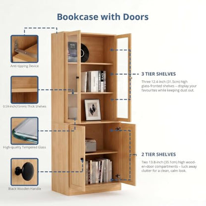 TUSY 71" H Bookshelf with Storage, 6-Tier Modern Bookshelves with 3 Large Drawer, Display Bookcase with Glass Doors, Modern 5-Tier Curio Cabinet for Home Office, Dining Room (Wood, ABBA) - color: Wood