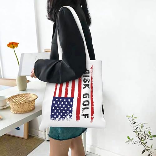 NIENIE Disk Golf Usa Flag Tote Bag for Women Shopping Bags Reusable Large Capacity Casual Shoulder Handbags DIY Gift Bags Cute Canvas Tote Bag