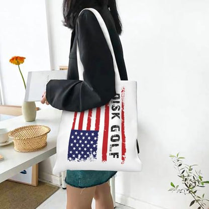 NIENIE Disk Golf Usa Flag Tote Bag for Women Shopping Bags Reusable Large Capacity Casual Shoulder Handbags DIY Gift Bags Cute Canvas Tote Bag